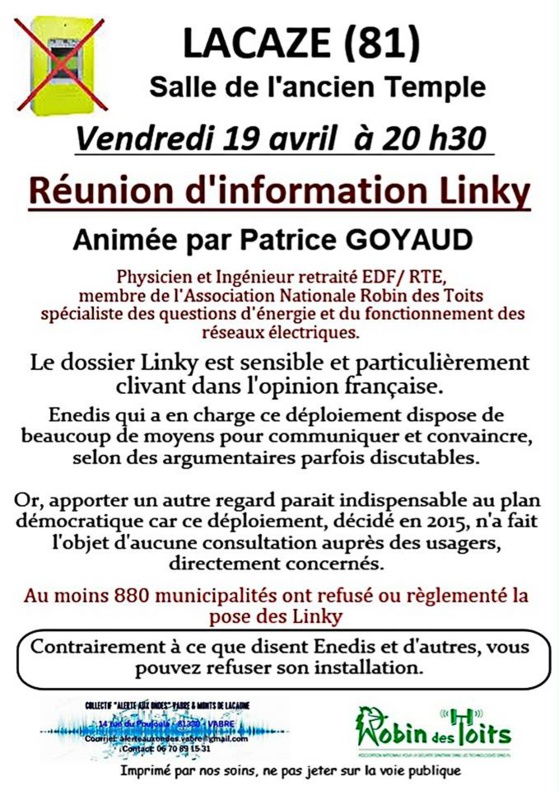 Réunion d'information Linky à Lacaze (81) - Vendredi 19 avril 2019