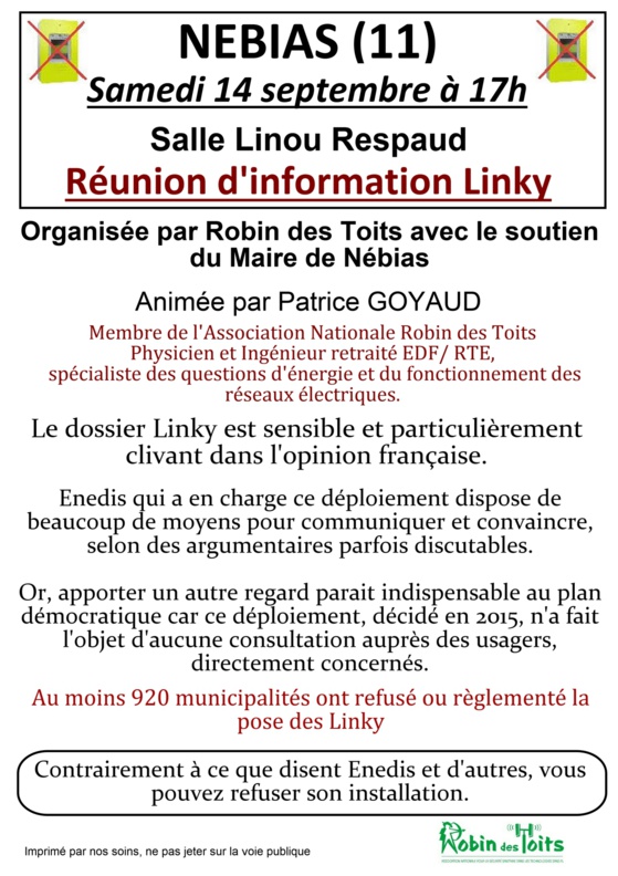 LINKY - NEBIAS (11) : Réunion d'information samedi 14 septembre 2019 à 17h00 