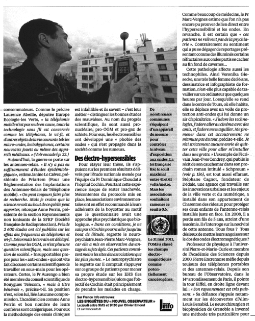 "Ondes, les vrais dangers" - Le Nouvel Observateur - Septembre 2013 "Ondes, les vrais dangers" - Le Nouvel Observateur - Septembre 2013