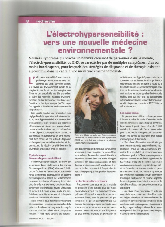 'L'électrohypersensibilité : vers une nouvelle médecine environnementale ?' - Biocontact - mai 2015