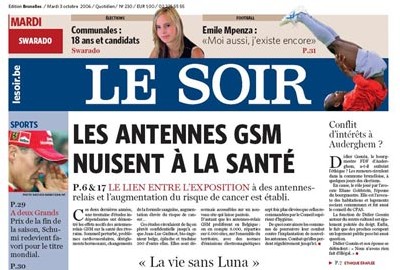 Santé - 'Signaux d'alarme pour les mobiles' - Le Soir (Belgique) du 03/10/2006 Santé - 'Signaux d'alarme pour les mobiles' - Le Soir (Belgique) du 03/10/2006