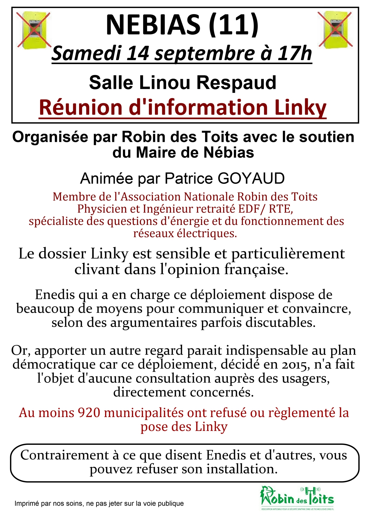 LINKY - NEBIAS (11) : Réunion d'information samedi 14 septembre 2019 à 17h00 
