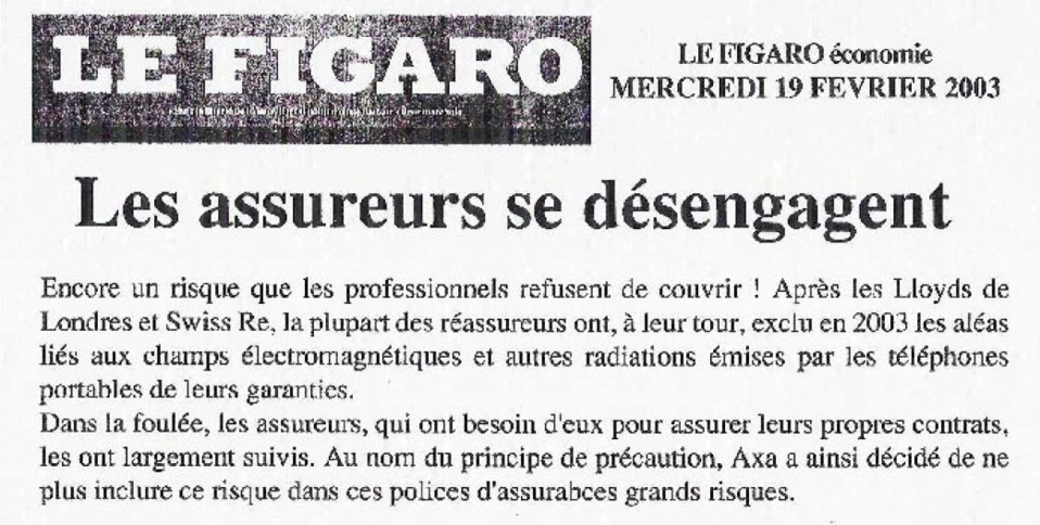 Les assureurs n'assurent plus 'les dommages de toute nature causés par les champs et ondes électromagnétiques' - 19/02/2003