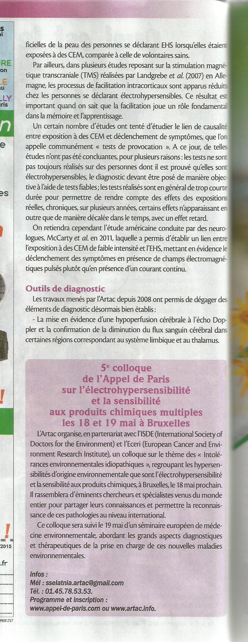 'L'électrohypersensibilité : vers une nouvelle médecine environnementale ?' - Biocontact - mai 2015